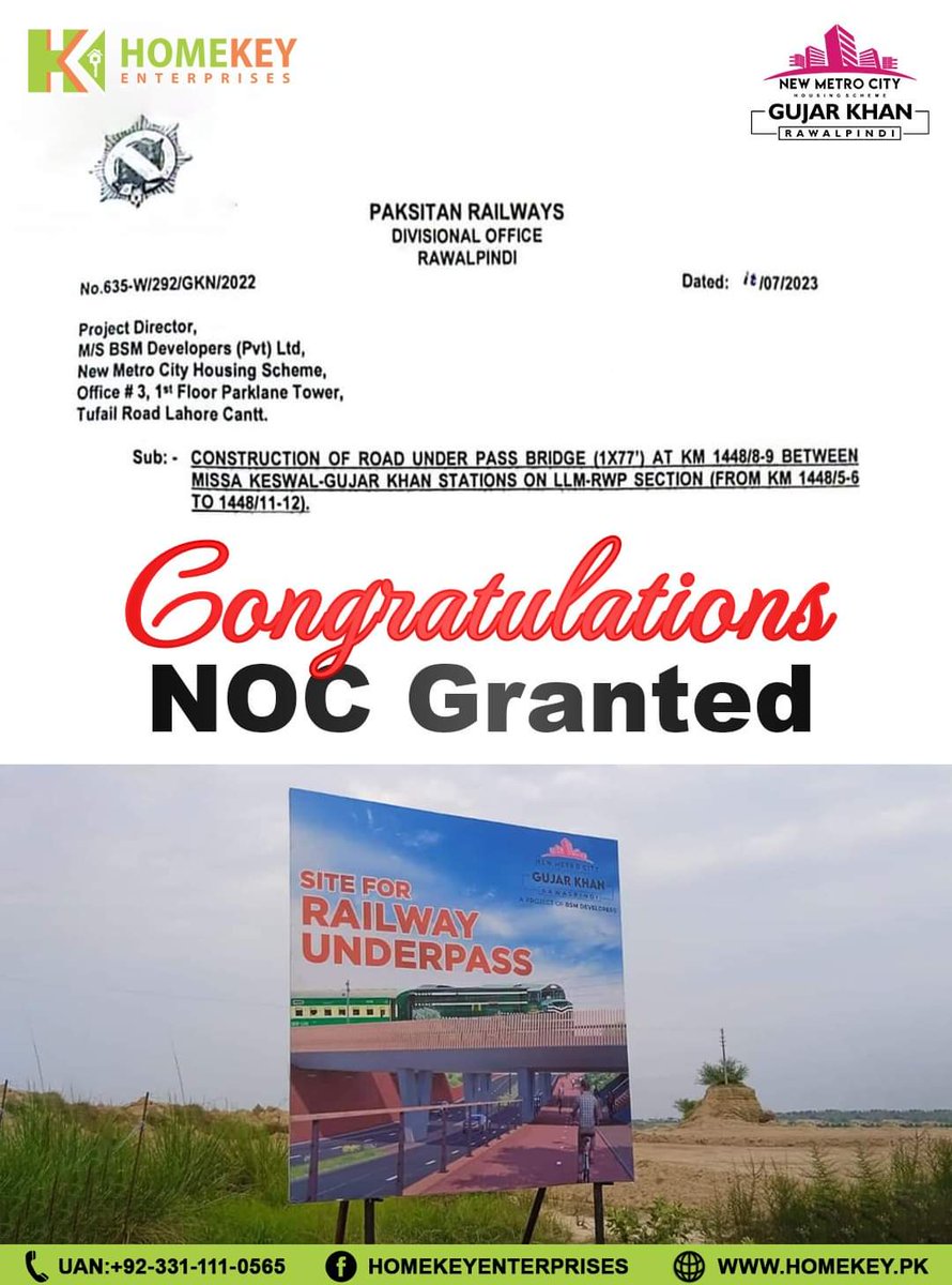 HomekeyPk's tweet photo. Alhamdulillah
Another milestone archived by New Metro City Gujar Khan. Congratulations to all stakeholders.
UAN +92 331 111 0565 | https://t.co/1P5HTMHlSi
#homekeyenterprises #NewMetroCityGujarKhan #BSMDevelopers #newmetrocity #newmetrocitygujarkhan #railwayunderpass https://t.co/jP7fzb7Ihv