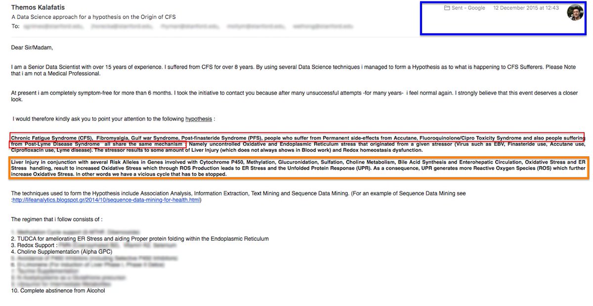 1/ This is a 🧵 for being in remission from #MECFS since 2015. Below, is the email I sent to selected #MECFS researchers (Dec. 2015) which I would like to provide as evidence, as this hypothesis is unpublished (Some parts omitted including recipients and specific regimen steps).