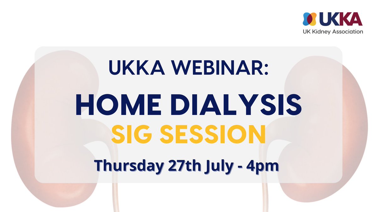 Next in our UKKA webinar series
is a feature on Home #Dialysis 🏠

🔹Transition from #peritoneal dialysis to home #haemodialysis
🔹Is PD possible after #renal transplantation?
🔹Insight from HHD patients &amp; the team at Hammersmith

📅 July 27th 4pm
🎟️ bit.ly/3JRDM01