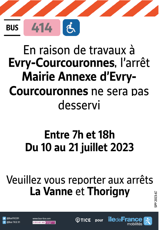 EvryEss_IDFM's tweet image. #InfoTrafic Des travaux perturbent la ligne #bus414 jusqu'au 21 juillet 2023.