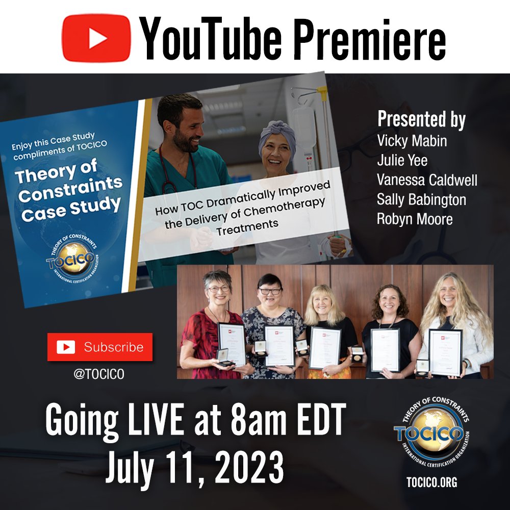 TOCICO's tweet image. Join @TOCICO YouTube on July 11th at 8 AM EDT for a live Premiere of TOC in healthcare. Watch this case study presentation applying the #theoryofconstraints to dramatically improve the delivery of Chemotherapy treatments in a large public hospital.  youtube.com/watch?v=wVTCVt… #tocot