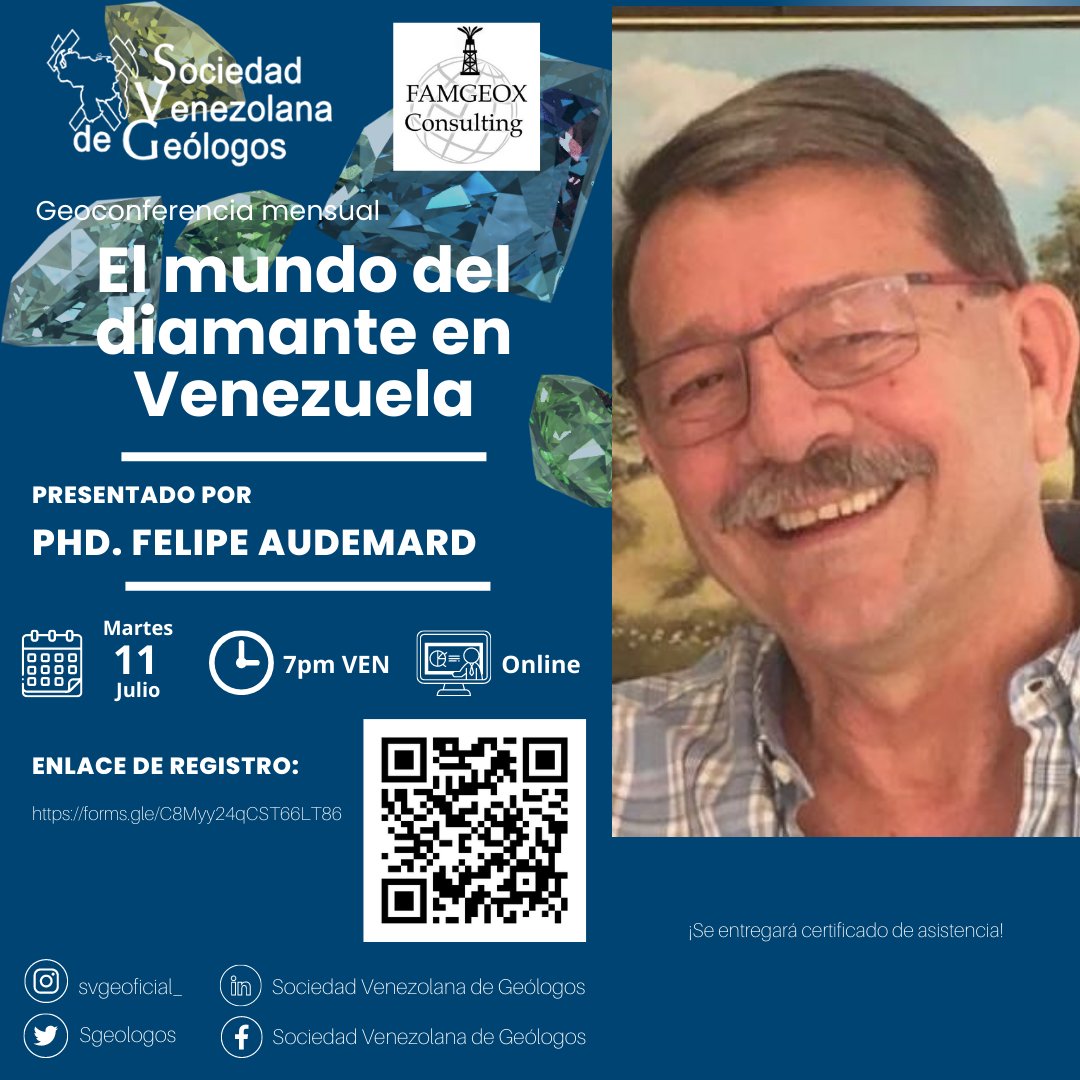 ¡MAÑANA! 

Tendremos al Phd. Felipe Audemard con la ponencia titulada:  El mundo del diamante en Venezuela🌎 
Hora: 7:00 p.m.
lnkd.in/eZWBibiR 

📷 Se entregará certificado de asistencia 📷 
¡Los esperamos!  #svg #venezuela #diamante