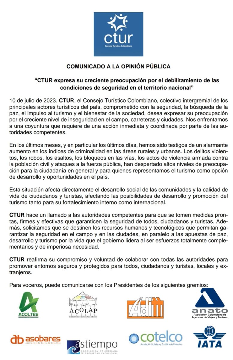 Ya no es percepción es realidad. La inseguridad nos está obligando a alejarnos de la inversión  y los planes de turismo. Estamos comprometidos con los programas Colombia Destino de Paz, pero nos urge tener seguridad total <a href="/Acoltes/">ACOLTÉS</a> <a href="/Ctur_colombia/">Consejo Turístico Colombiano - CTUR</a>