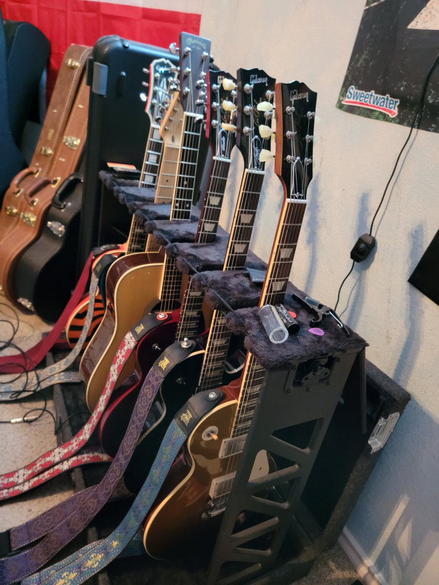 Full guitar rack from Friday's jam!!!! #guitaristlife #Blues #bluesrock #rocknroll #Gibson #Fender #Martin #MusicMonday