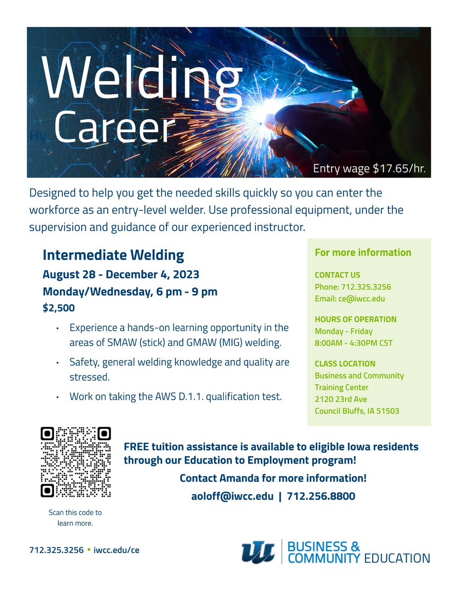 Looking for a new career path? IWCC has you covered with our Intermediate Welding course starting August 28. Come to class from 6-9PM just two nights a week!