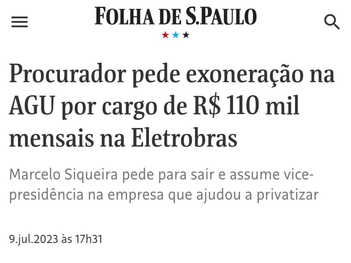 📌 2022: Marcelo Siqueira, da AGU, atua pelo governo Bolsonaro para garantir privatização da Eletrobras.

📌 2023: o mesmo sujeito pede exoneração e assume cargo na Eletrobras com salário de R$ 110 mil e participação nos lucros.

E acham que exageramos quando falamos em fraude.