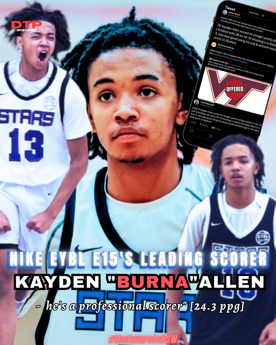 dtpent1's tweet photo. @NikeEYB E15 Scoring Leader: Kayden Allen 24.3 ppg @__kaydenallen__
TOP GAMES:
v. CP3 (Final 4)- 33pts & 52%FG
v. Durant- 28pts, 67%FG & 75%3P
v. Drive N.- 26pts & 50%FG
Scored 20+ in 4/6 games
Recent Offer: @HokiesMBB
#thefutureisNOW #DTP #kaydenallen #nikeeybl #peachjam https://t.co/uxwUgYPZu6