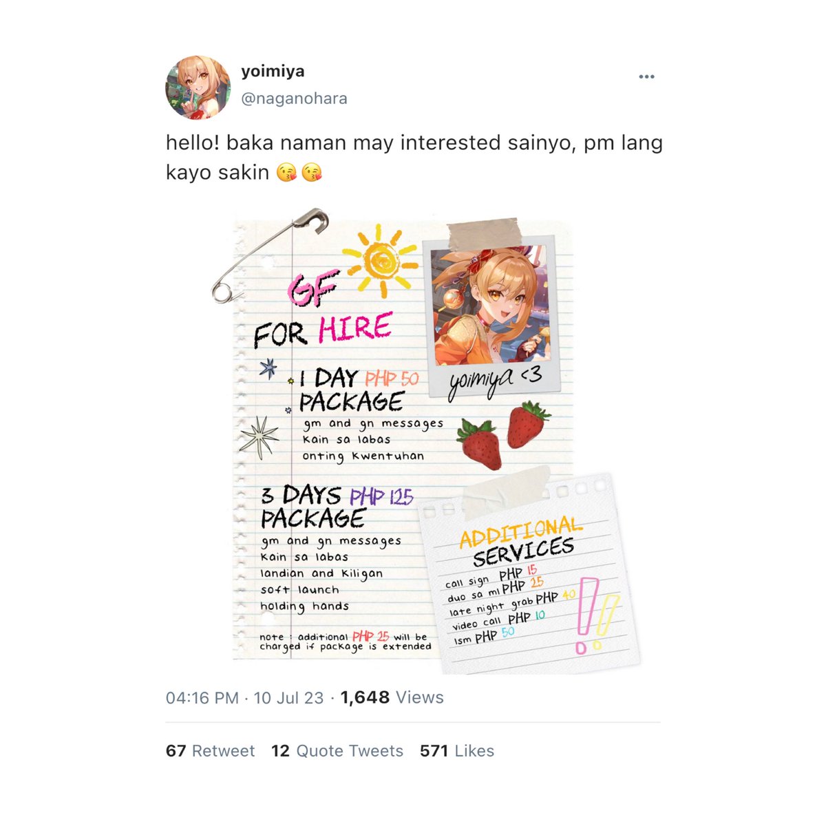 eimikosmo's tweet photo. — GIRLFRIEND FOR HIRE ♡
an #ayamiya filo au

yoimiya made a girlfriend-for-hire poster for laughter and maybe for extra money, it was all fun and games until someone named ayaka took it way too seriously. https://t.co/vpLvXbDJvg