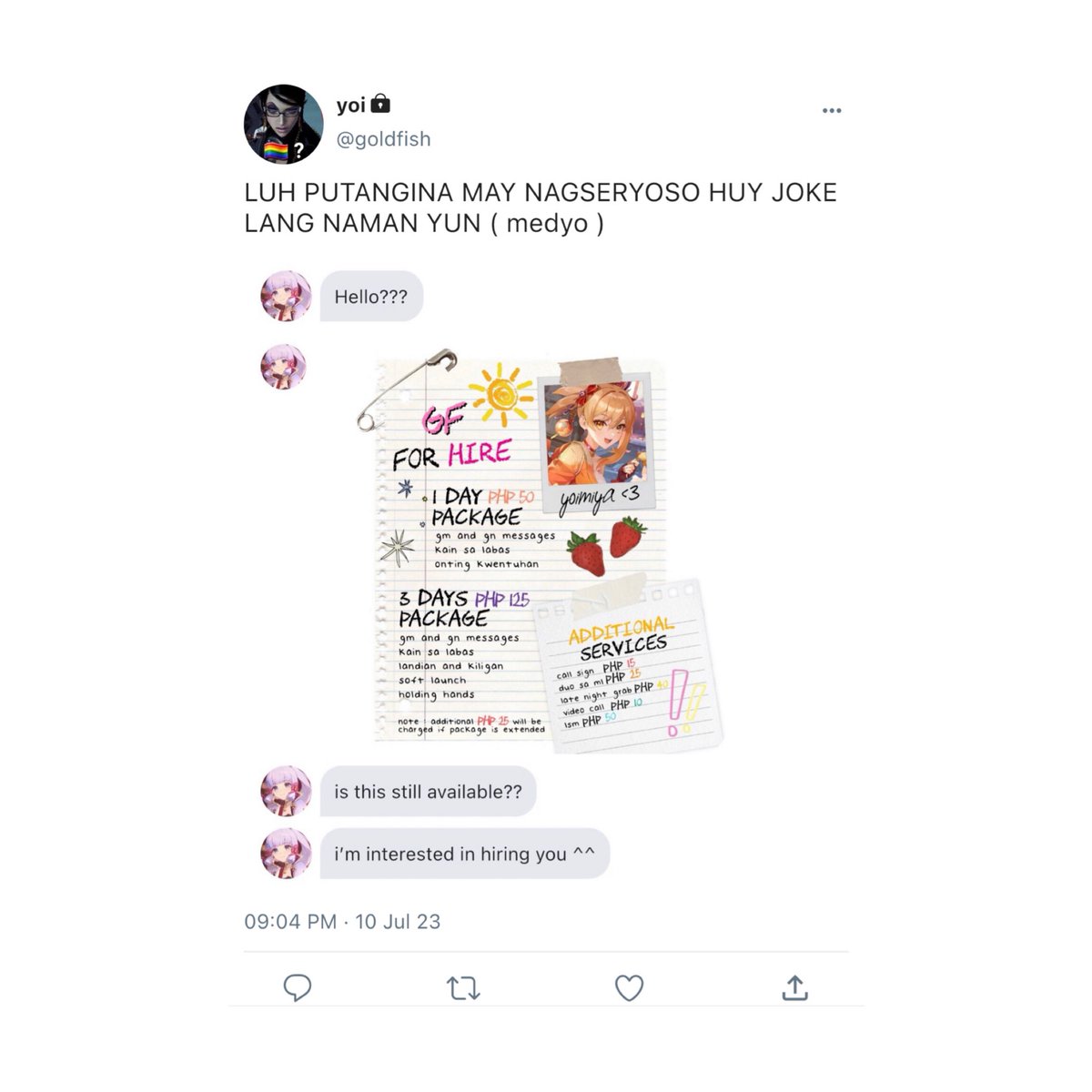 eimikosmo's tweet photo. — GIRLFRIEND FOR HIRE ♡
an #ayamiya filo au

yoimiya made a girlfriend-for-hire poster for laughter and maybe for extra money, it was all fun and games until someone named ayaka took it way too seriously. https://t.co/vpLvXbDJvg