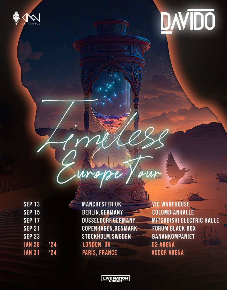 davido's tweet image. EUROPE!! We only just getting started with the tour. You know we couldn't do this without bringing it right to your front door! 

Get ready for a TIMELESS experience. 

Pre-sale tickets go up on Wednesday and all tickets go on sale Friday⏳

iamdavido.com/events/