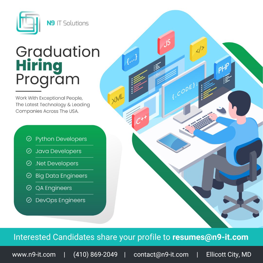 We are Hiring all recent Graduates...! Time to make the right career decisions and provide great strategies for your career growth with N9 IT Solutions, Inc Contact us for more details - +1 410-869-2049 Website - n9-it.com #graduationhiringprogram