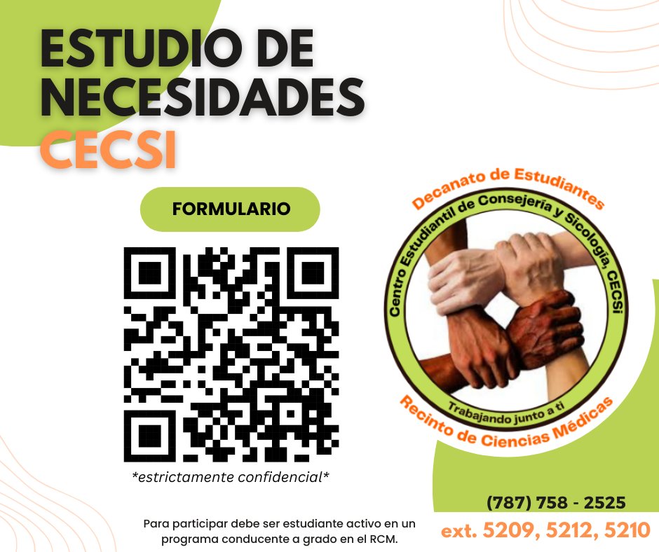 ¡Bienvenidos al Recinto de Ciencias Médicas! 

El Centro Estudiantil de Consejería y Sicología los invita a completar un estudio de necesidades estrictamente confidencial donde buscamos identificar las necesidades de la comunidad estudiantil.

#RCM #CECSi