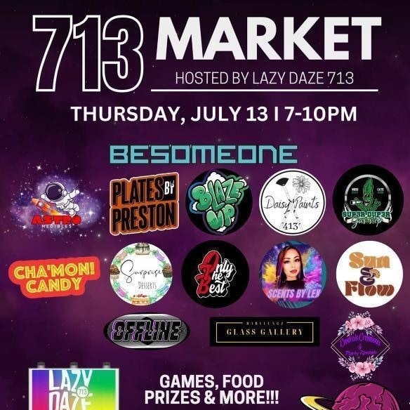 S E V E N . O N E . T H R E E  🌆
 M A R K E T 
This Thursday from 7-10 pm
Paint and Puff <a href="/daisypaints413/">Daisy Guillen</a> 
Food <a href="/platesbypreston/">Preston Smith</a> 
Vendors 
Games
Prizes
#713htown #houston #htown