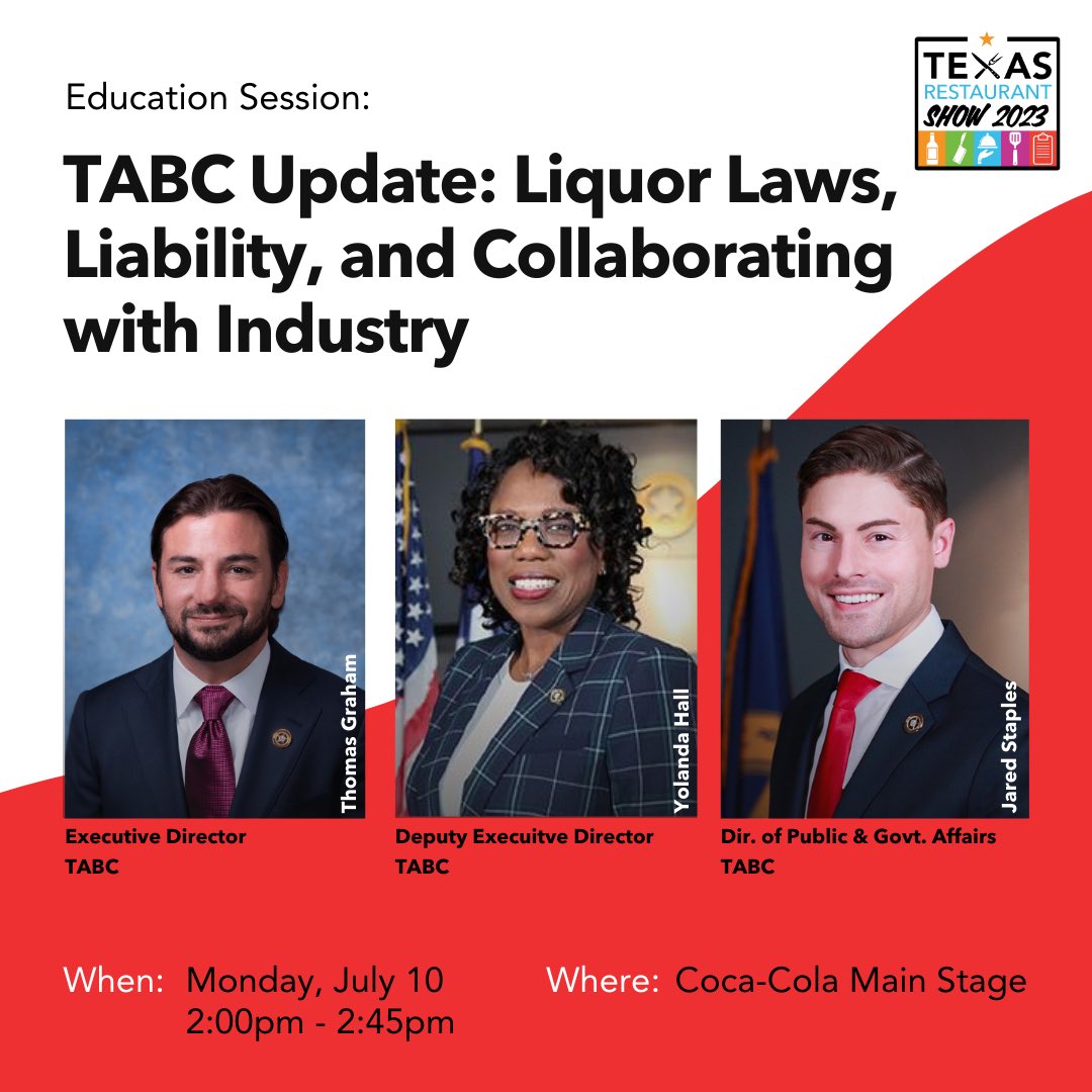 If you’re at the @TXRestAssoc’s #TXRestaurantShow and want to learn more about complying with Texas’ alcohol laws, stop by <a href="/TexasABC/">Texas Alcoholic Beverage Commission</a>’s education session at 2pm today. We’ll provide updates on new laws, cover common issues, and take audience questions. See you there! #TRS2023