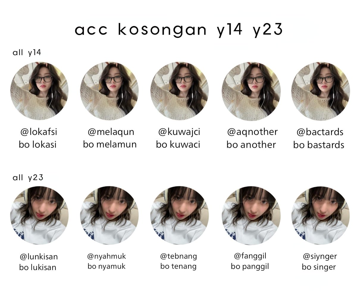kimagiee's tweet photo. @querenchaos WTS Acc Kosongan Y14 Y23

 y14 : 10.000 / ea 
 y23 : p000 / ea

୨⎯ verif all, (verif email: 7k/acc) 
୨⎯ no mastip
୨⎯ go green (- ssb ganti @ ) 
୨⎯ masuk mt ht
୨⎯ avail space &amp; circle
୨⎯ dapat data acc lengkap https://t.co/OIqRDucwbk