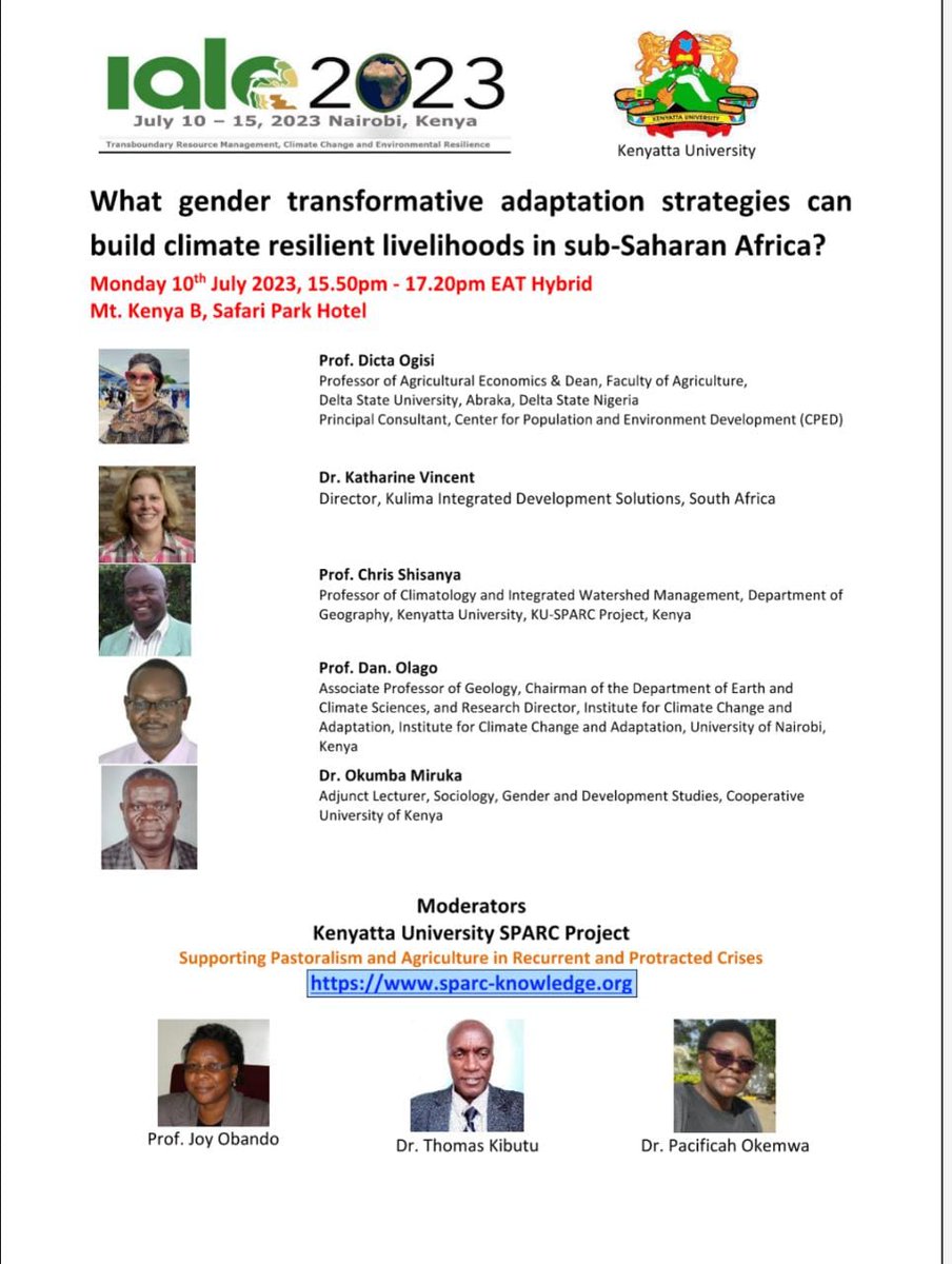 Join our Panel session, Climate resilient livelihoods. Titled, What gender transformative adaptive strategies can build climate resilient livelihoods in Sub-Saharan Africa.  10th July 2023, 3:50- 5:20pm 
Link: us06web.zoom.us/j/89219036197?…
Meeting ID: 892 1903 6197
Pass code: 540882