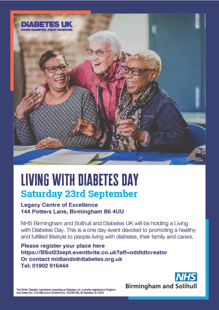 Do you need support to manage your #diabetes? Join @NHSBSol and @DiabetesUK at an event devoted to promoting a healthy and fulfilled lifestyle for people living with diabetes. 🗓️ 23 September 📍 Legacy Centre of Excellence, B6 4UU ➡️ Book your place: bit.ly/3pwOLFf