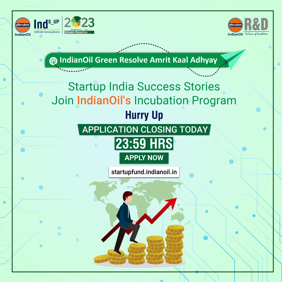 RndIndianoil's tweet photo. Be part of the #StartupIndia #GreenResolve success stories. IndianOil's Incubation program awaits!Apply now and unleash your entrepreneurial potential!
Hurry up! Application closing today at 23:59.
Apply now: https://t.co/mNkRmP0v6U
#IndianOil #IndianOilRnD #amritkaaladhyay https://t.co/pYtugc04cN