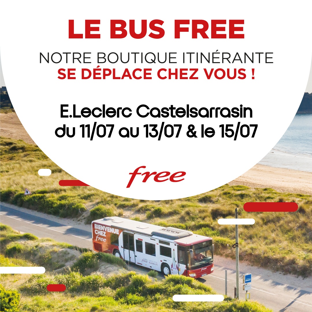 Le bus Free est de retour sur les routes de France😍  Dès demain, retrouvez notre boutique itinérante au E.LECLERC Castelsarrasin jusqu'au 15/07 📍 Nous vous attendons nombreux 🤝 @OctogoneFibre <a href="/Occitanie/">Région Occitanie</a> @82numerique <a href="/tarnetgaronne82/">Département de Tarn-et-Garonne</a> <a href="/LaDepeche82/">La Dépêche 82</a>  #TarnetGaronne