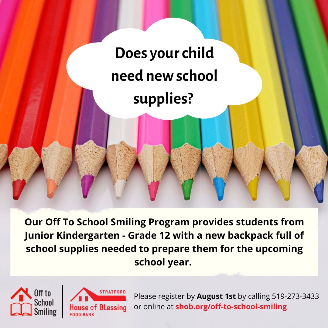 📢 Attention parents! Gear up for the new school year with our Off to School Smiling program! Sign up now for FREE backpacks packed with supplies. Existing clients, register online at shob.org/off-to-school-… or call 519-273-3433. New to our food bank? Call us to get started! 🎒✏️