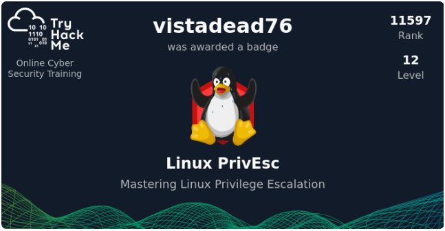 DhruvAg092003's tweet image. Day 329: I have earned a badge of Linux PrivEsc for completing the room of Linux PrivEsc on @realtryhackme. Thank You @bettercallmanav for your guidance and support. Badge Link:- tryhackme.com/p/vistadead76?… 
#tryhackme #privilegeescalation #linuxprivilegeescalation #linuxprivesc