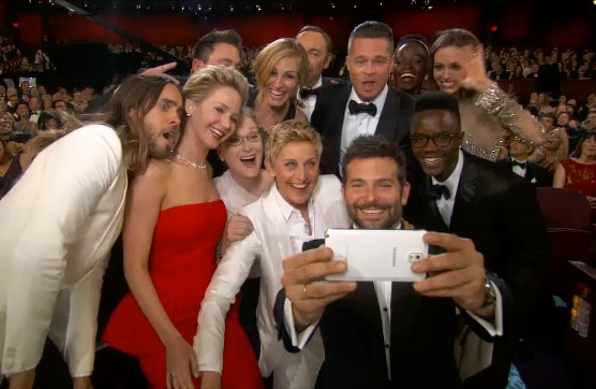 9 years later and I just found out that the "spontaneous" selfie was actually a $20M ad product placement for Galaxy.   

On top of it, samsung's vision was articulated most clearly on Oscar's night during a new ad from the agency <a href="/72andSunny/">72andSunny</a> "You Need To See This."  

Who knew?