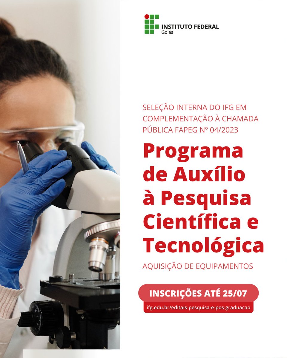 IFG_Goias's tweet photo. [Seleção Interna]

🔸🔹IFG seleciona projetos de pesquisa em complemento a edital publicado pela Fapeg
🔴 Coordenadores de projetos interessados em adquirir equipamentos para pesquisa podem se inscrever até 25 de julho
 https://t.co/3yyCpEmymX
#pesquisa #pesquisador #ifg #fapeg https://t.co/FgHJRhF0em