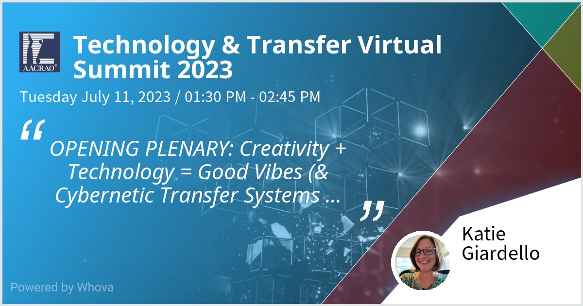KatieGiardello's tweet image. I am excited to be speaking ⁦@AACRAO⁩’s #TechTransfer2023 Summit. We’re going to have some #TransferEvangelist fun with cybernetics in this opening session! Please check out my talk if you&apos;re attending the event!  - via #Whova event app