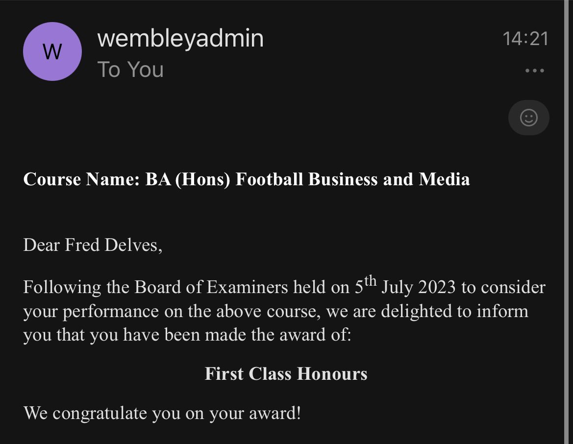 Delighted to achieve a First Class Honours in Football Business and Media! 👨‍🎓🎉