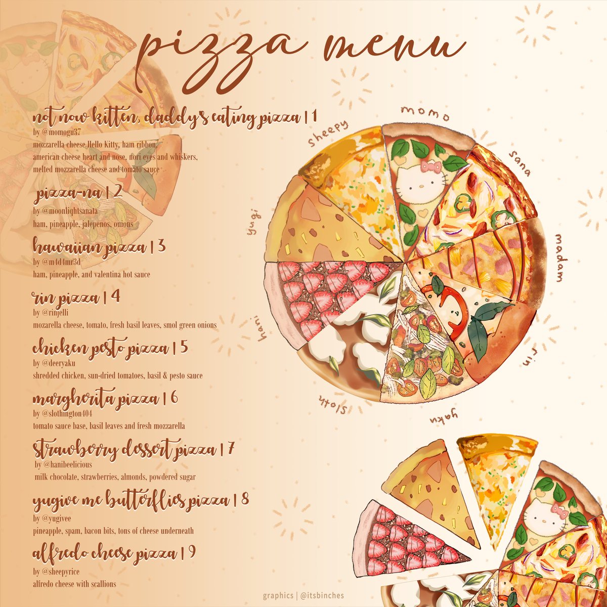 Pizza Art Collab with my friends! Which pizza would you want to order!?

Please check out all the baker artists that came together to make this pizza in the thread below! 

Luv my friends for making this pizza with me and binbin for the menu 🥺💕 Yall can have a pizza my heart.