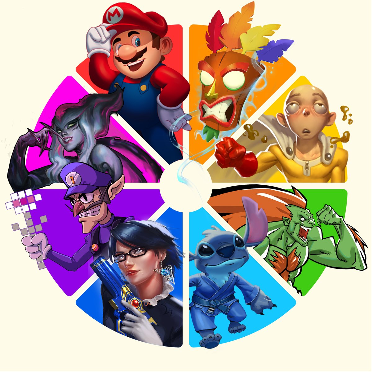 Color Wheel I participated in is ready! 
#colorwheelchallenge #Bayonetta #Mario #OnePunchMan