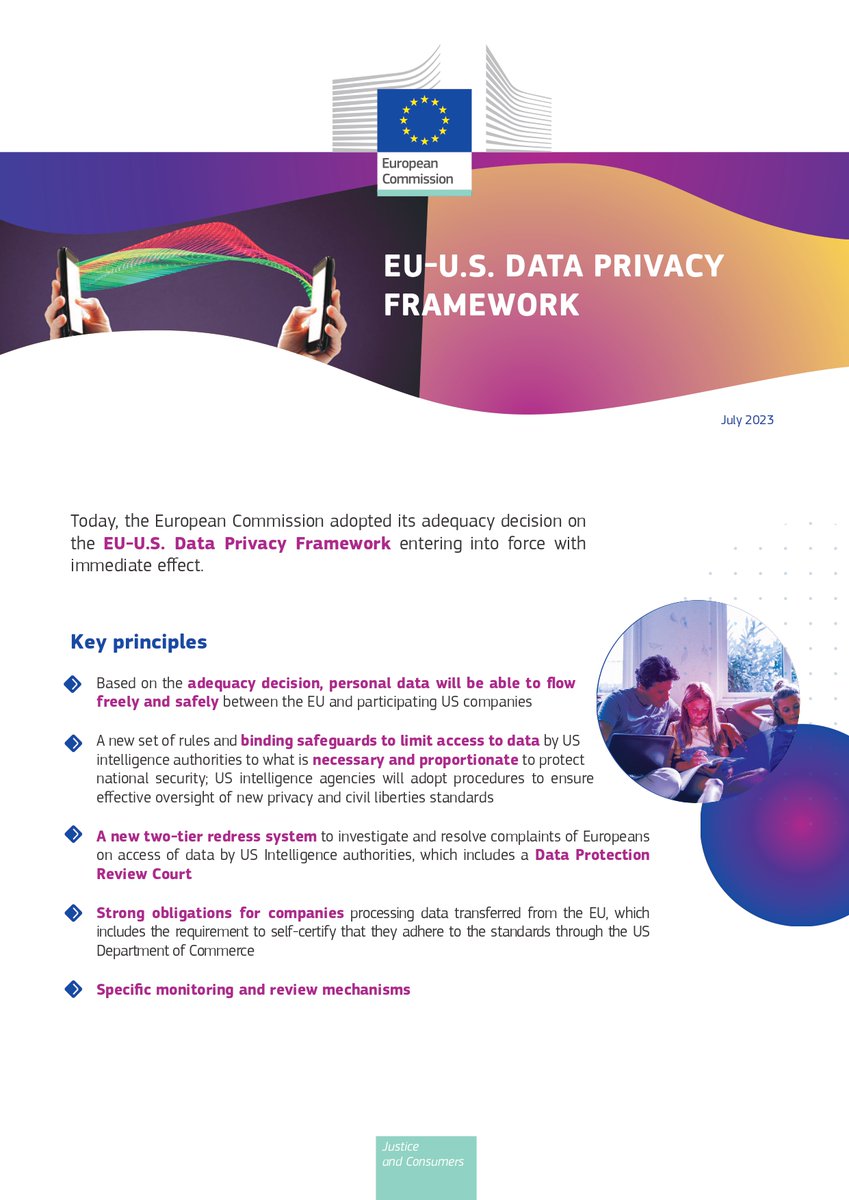 EU_Commission's tweet image. The protection of your personal data is a fundamental right.

After intense cooperation with our US partners, we are adopting a new EU-US Data Privacy Framework for safe and trusted EU-US data flows.

This will ensure an adequate level of data protection for EU citizens and bring…