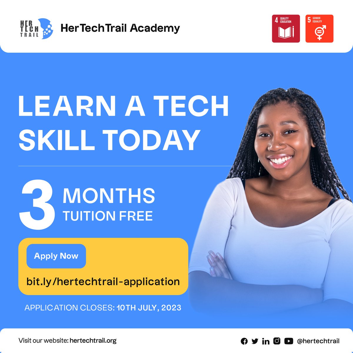 hertechtrail's tweet photo. FINAL CALL FOR APPLICATIONS. 👩🏽‍💻

Here's your last chance to 
 take advantage of this opportunity to learn a relevant tech skill and build your career as a black woman.

Drop in your application at https://t.co/wzc6PT4jtv 

Good luck!
#HTTACohort7 #womenintech #hertechtrail https://t.co/yL6ISf19vR