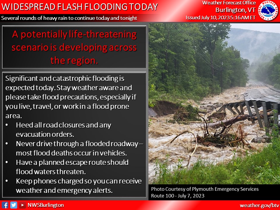 NWS's tweet photo. Widespread and extreme flash flooding is possible across interior New England today as heavy rains continue to fall.  Multiple Flash Flood Warnings are in effect and many roads are washed out with another 3-5 inches of rain to come.  #TurnAroundDontDrown https://t.co/a5B6nayP89