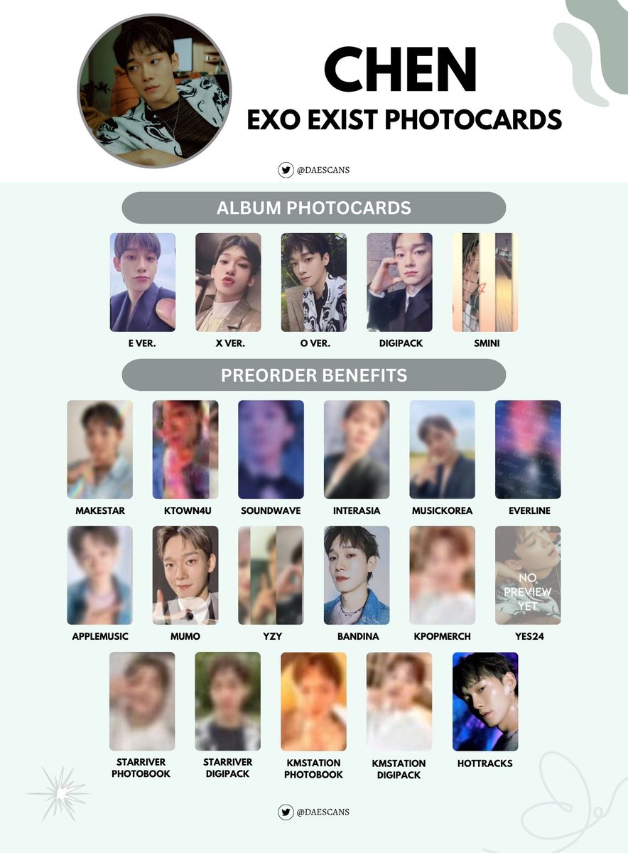 10/7 UPDATE] EXO CHEN 첸 EXIST PHOTOCARDS (ALBUM & PREORDER