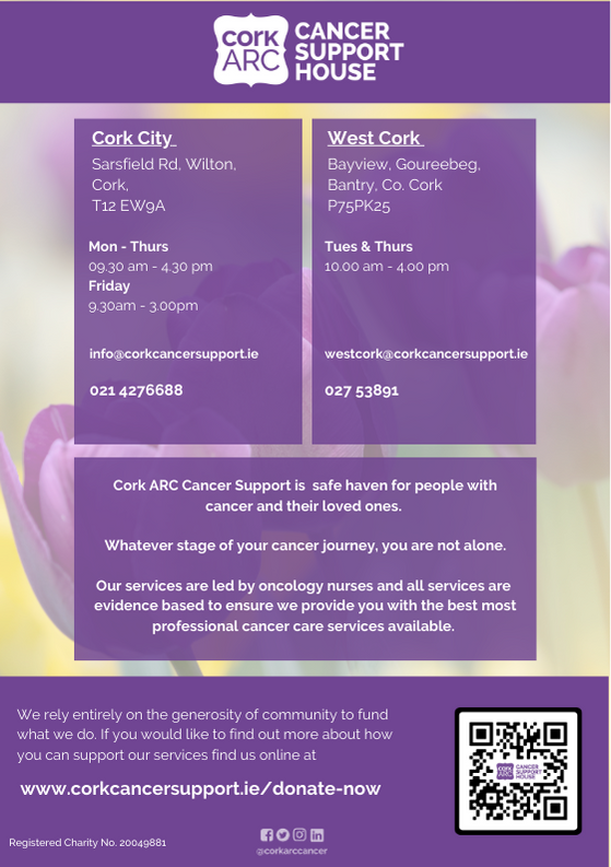 CorkARCcancer's tweet photo. All services are free for those who have been diagnosed with cancer, previously had cancer or there loved one.

If you or a loved one would like to know more. You can call us on 021 427 6688 or email info@corkcancersupport.ie

#cancerservices #cancersupport https://t.co/EEIcQT5FMX