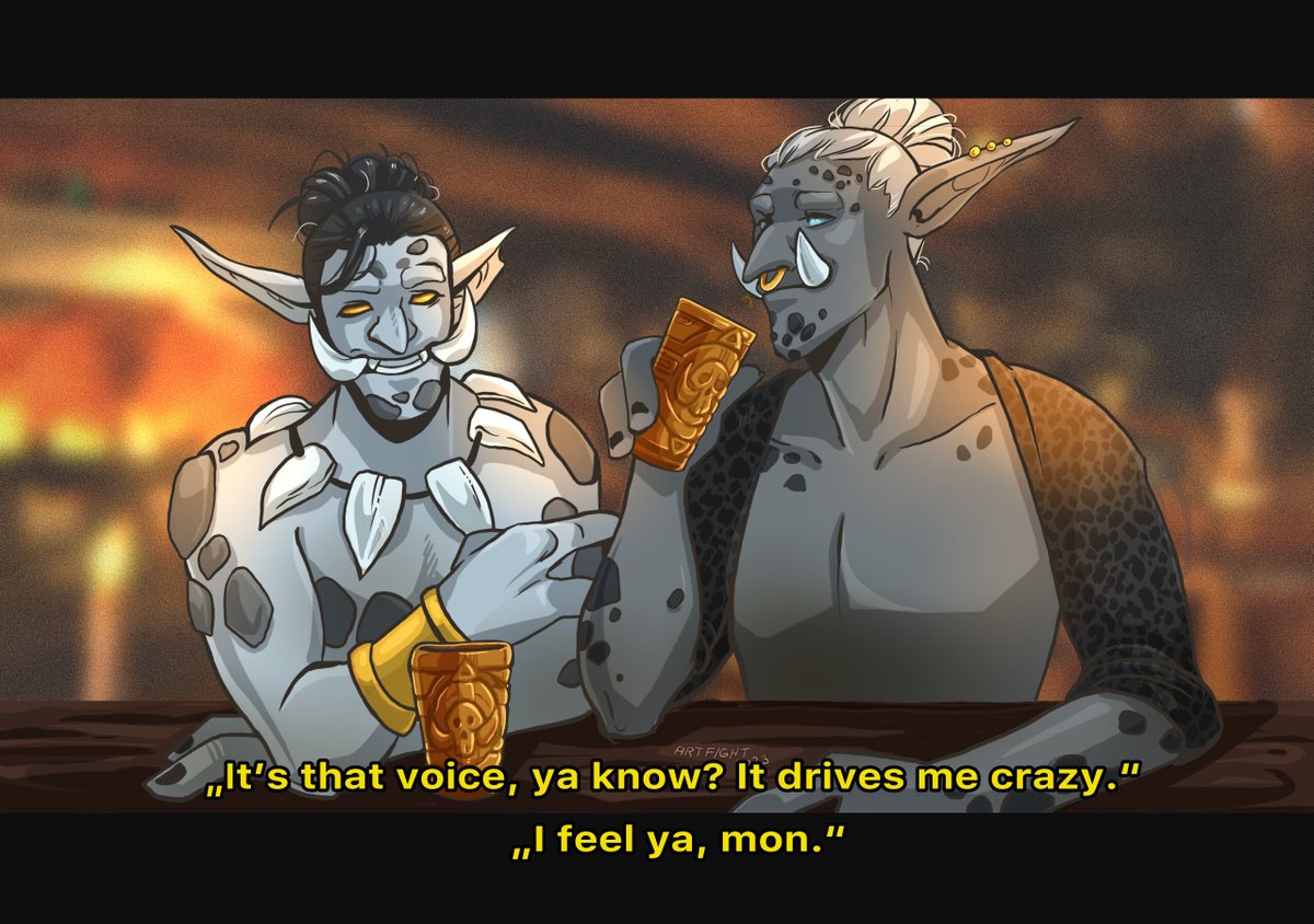 Artfight Attack on my dear <a href="/SatDrawProject/">Sat'</a> 
It´s her Pakhun´Ra and my Pahaku with a little drink.
Aww they´re so sweet.

#artfight2023 #lovetrolls