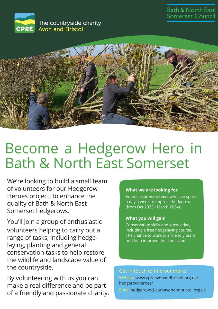 We are excited to be extending our Hedgerow Heroes project into Bath and North East Somerset! 

We are currently recruiting volunteers. Find out more and apply here: cpreavonandbristol.org.uk/hedgerowheroes/

<a href="/banes3sg/">3SG</a> <a href="/MoreTreesBANES/">More Trees for B&NES</a> <a href="/VolunteerBANES/">BaNES Community Volunteer Service</a> <a href="/bathnes/">Bath & North East Somerset Council</a> <a href="/bathlive/">Bath Live</a> <a href="/forestofavon/">Forest of Avon</a>