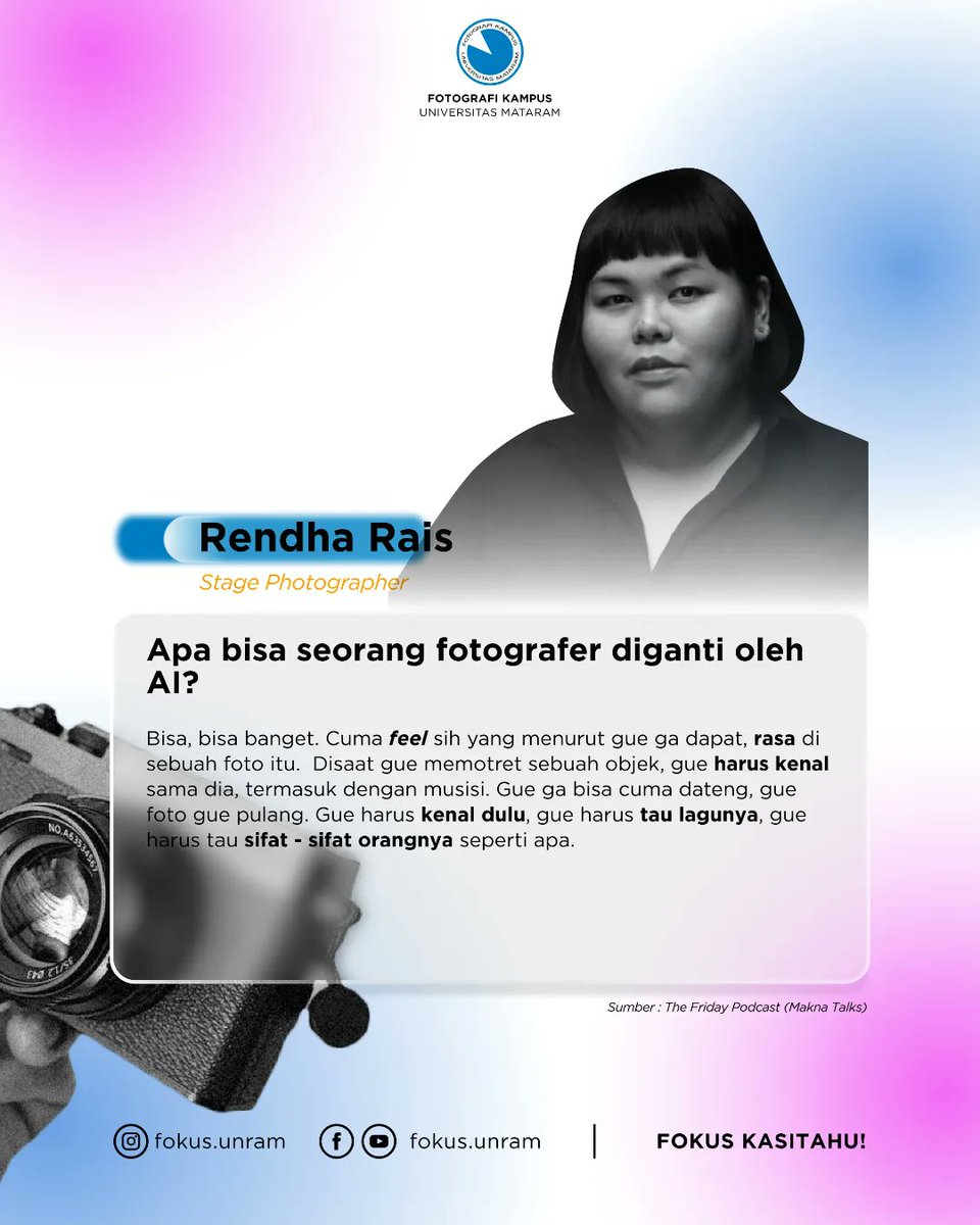 fokus_unram's tweet photo. -
Beberapa pendapat dari para fotografer, bahwa AI akan sulit untuk menggantikan profesi fotografer. Karna dalam sebuah foto, disitu ada rasa dan cerita yang dirangkum dalam satu frame.
-
Menurut kalian, bagaimana? https://t.co/XDUjPfGrai
