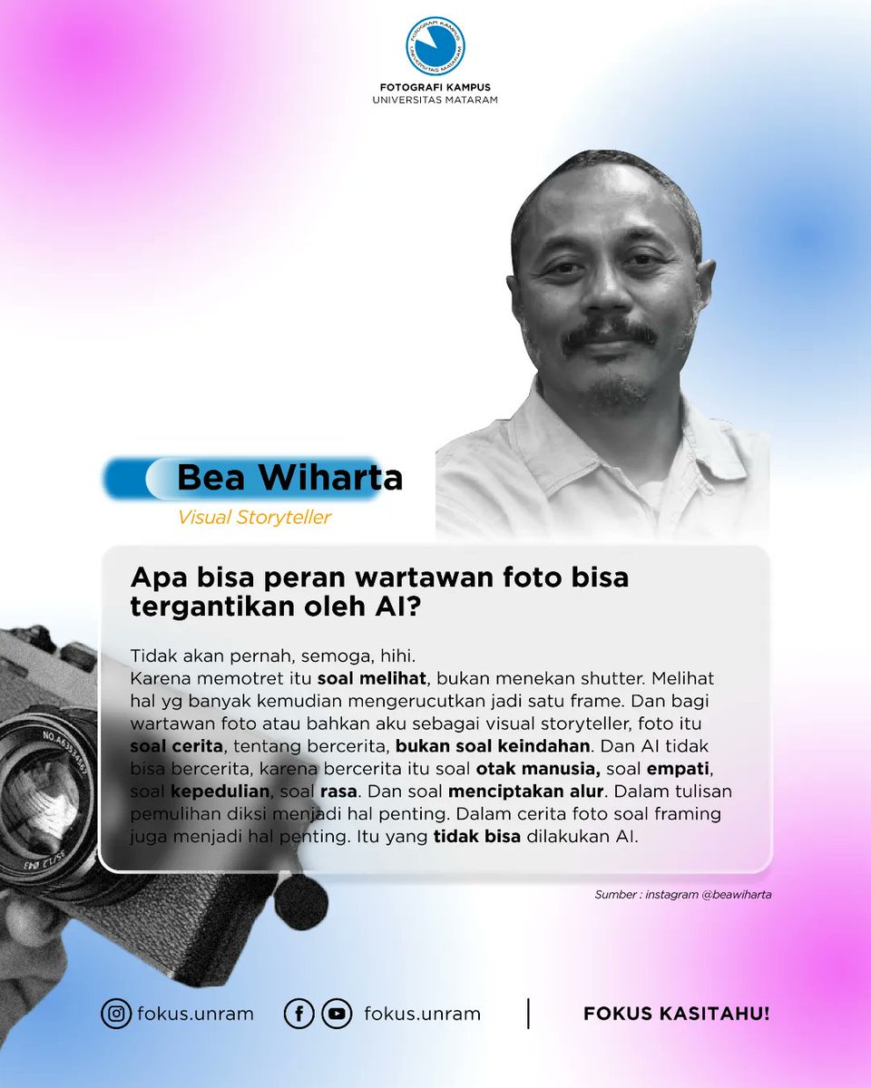 fokus_unram's tweet photo. -
Beberapa pendapat dari para fotografer, bahwa AI akan sulit untuk menggantikan profesi fotografer. Karna dalam sebuah foto, disitu ada rasa dan cerita yang dirangkum dalam satu frame.
-
Menurut kalian, bagaimana? https://t.co/XDUjPfGrai