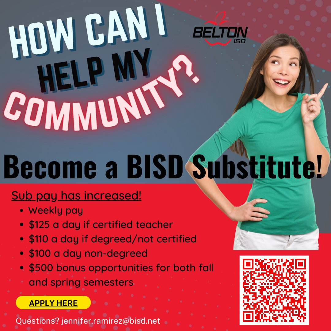 BeltonISDHR's tweet photo. Sub pay has increased! https://t.co/o812wd2qZ7