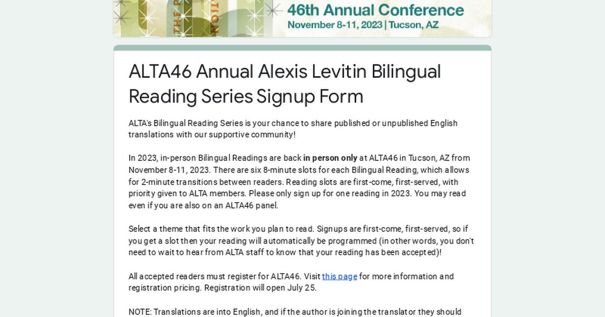 There are just a handful of slots left for the popular annual Bilingual Reading Series at ALTA46: The Place of Translation this November! The remaining categories are: Germanic Languages Poetry, Memoir. Be sure to sign up before they're all gone! bit.ly/3MBB6nU