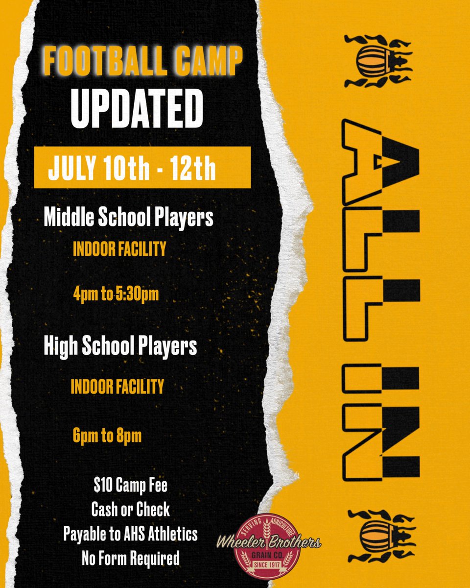 GbugFootball1's tweet photo. **UPDATED INFORMATION** Football Camp for Middle School &amp; High School Players.
 July 10th - 12th
$10 Fee to cover All-In Shirts https://t.co/AzDCisBs8K