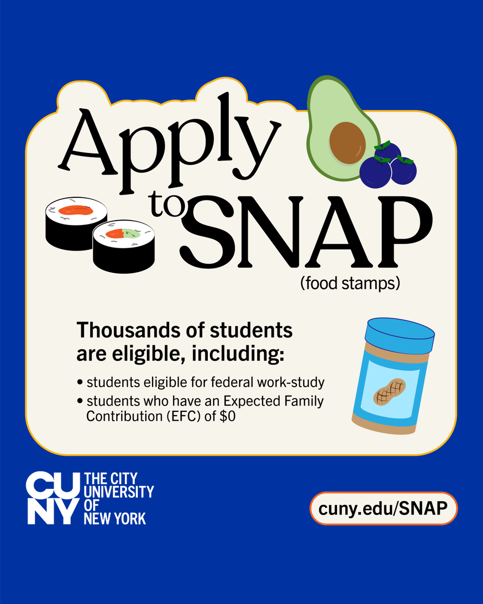 ChancellorCUNY's tweet photo. Eligible CUNY students experiencing food insecurity can apply for SNAP. Students who need help buying food should visit https://t.co/7mEeG7LTvc to learn more about the program. https://t.co/P5Y9dj8EVf