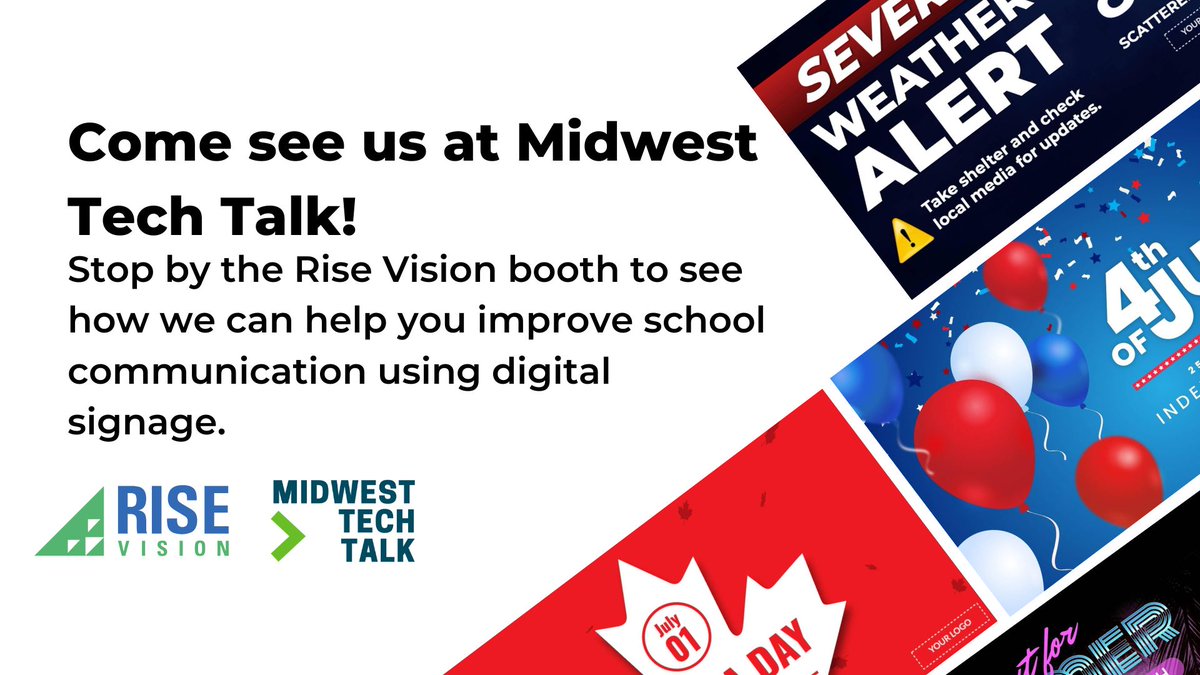 RiseVision's tweet image. Will you be at @MidwestTechTalk next week? We will! Make sure to stop at the Rise Vision booth to learn more about #digitalsignage and your chance to #spintowin! 🌟 #mwtt2023 #mwtt