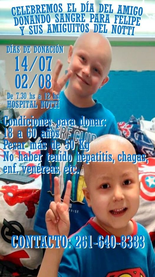 ¿Me ayudan a compartir y a concientizar? Está faltando sangre para los tratamientos de Felipe y el resto de los niños. 
¡Vamos, entre todos es más fácil!
Te esperamos el 14 de Julio y el 2 de Agosto en el Notti.
Lo que das y ofrecés, vuelve 🙌🙏❤️