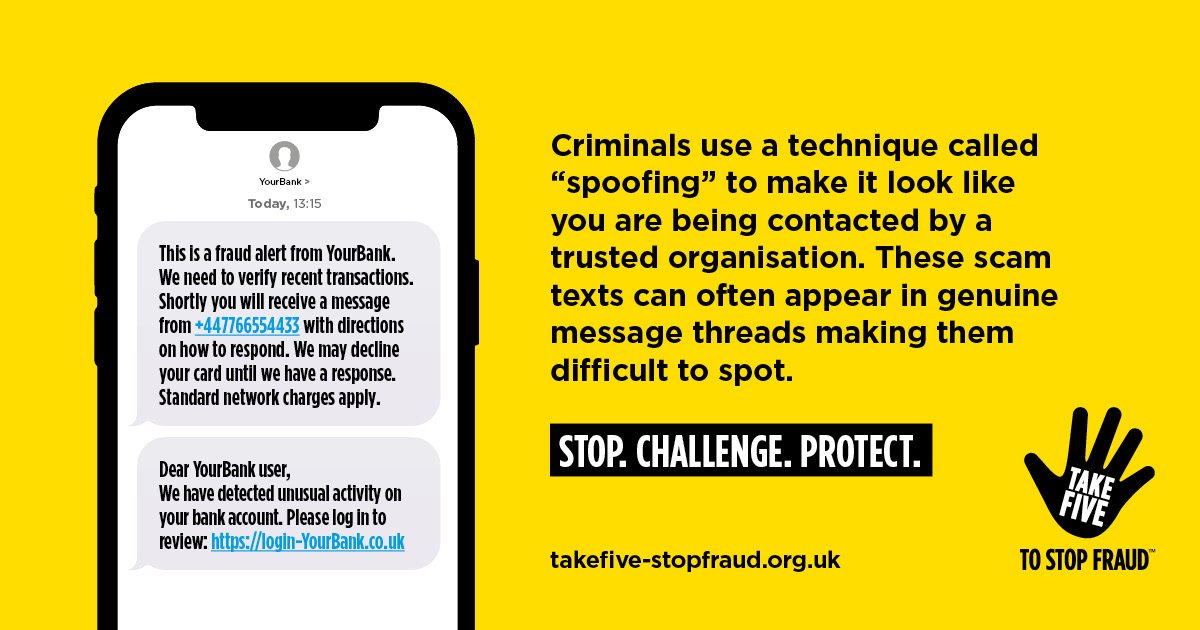 NorthWestCyber1's tweet image. Criminals try to trick you with texts imitating trusted organisations It’s important to treat messages with caution. #StopChallenge to avoid falling for ‘spoofing’.

Report suspicious text messages by forwarding them to 7726, which spells out SPAM on a phone keypad.

#TakeFive