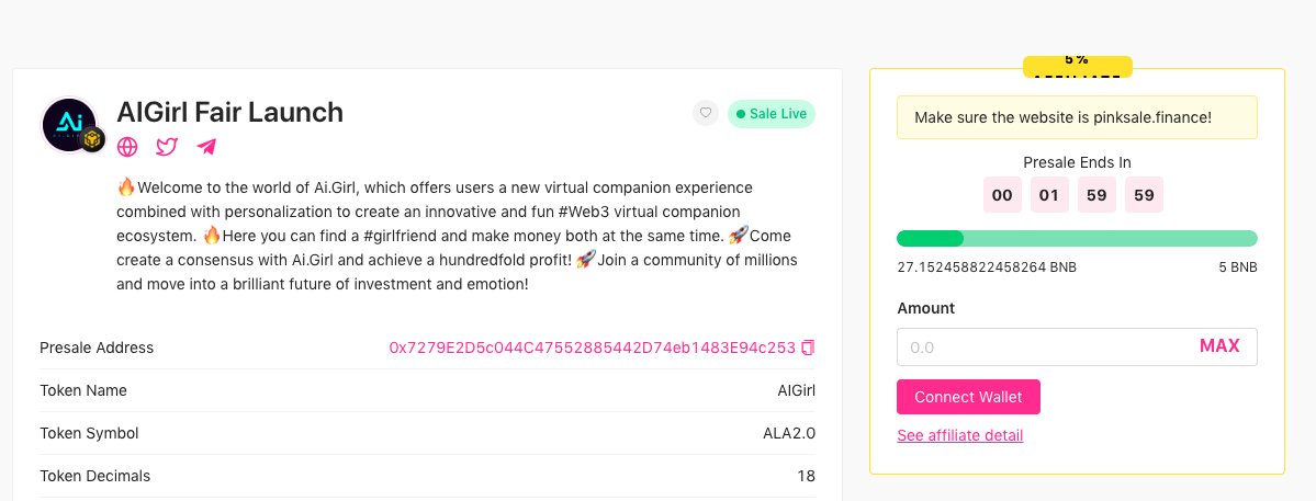 With 2 hours to go before the pre-sale ends, now is the time to get $ALA 2.0 at the lowest price, so don't miss out;

#AIgirl #BSC #BNB #Pinksale