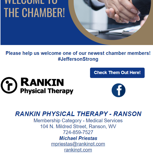 WVJCChamber's tweet photo. Welcome to our newest member; Michael Priestas, of Rankin Physical Therapy in Ranson!
https://t.co/K8N4Sg3wUL https://t.co/AdpA0fRZDv