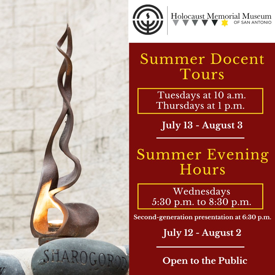 HolocaustSA's tweet image. Join HMMSA  this week for special summer programming.
Evening Hours - Wednesday, July 12, 5:30 p.m. to 8:30 p.m., second-generation presentation at 6:30 p.m.
Docent Tour - Thursday, July 13 at 1:00 p.m.
All events open to the public. 

#HMMSA #NowThatYouKnow